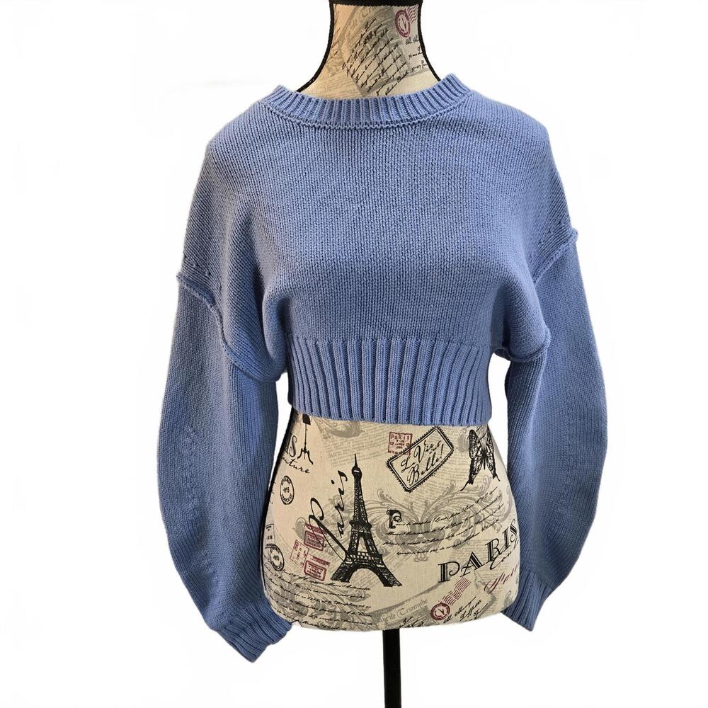 Urban Outfitters Womens SM Blue Dolman Sleeve Cropped Knit Cotton Blend Sweater